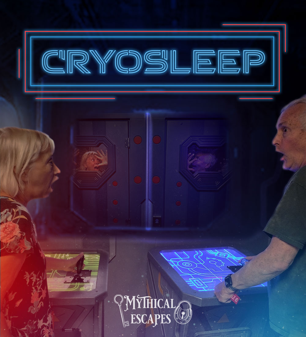 Two people at glowing control panels in a sci-fi room.