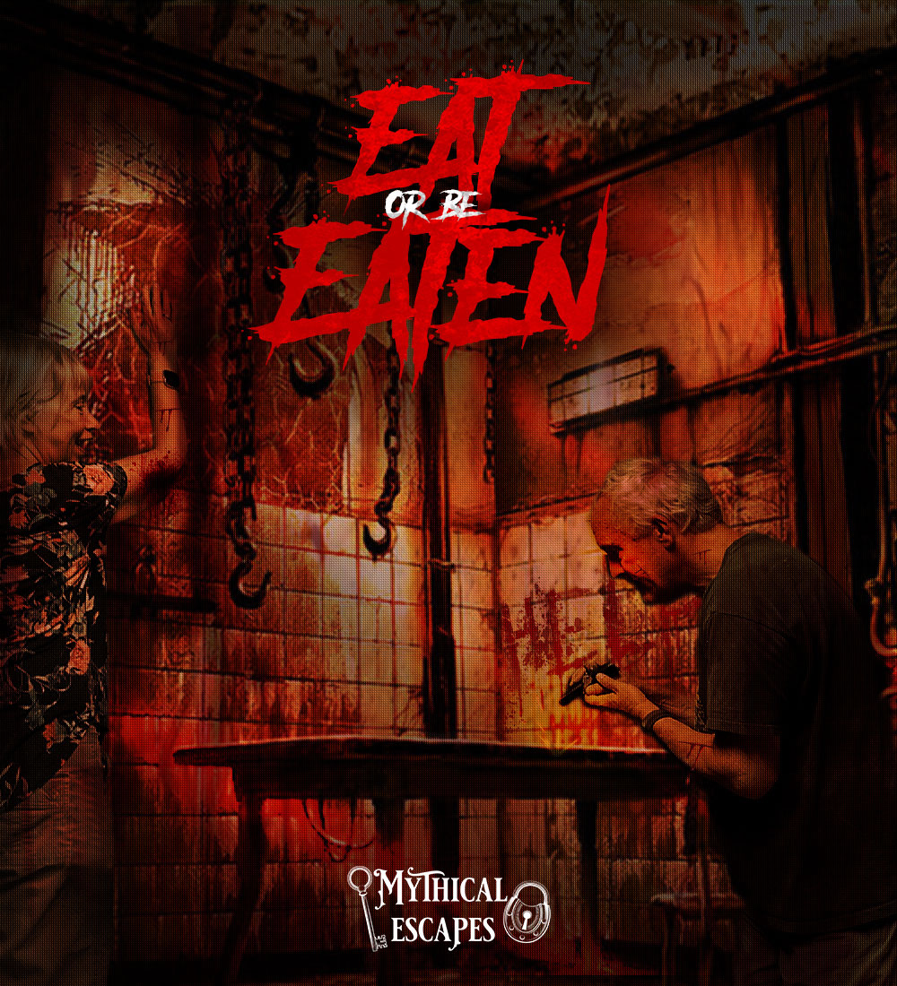 Eat or Be Eaten: a player in a grimy room with hanging chains and hooks.