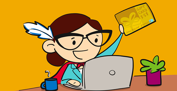 Cartoon person at a laptop holding up an American Express gift card.