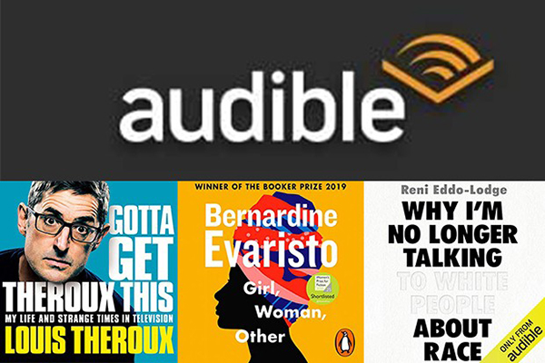 Audible selection featuring Gotta Get Theroux This, Girl, Woman, Other, and Why I'm No Longer Talking to White People About Race