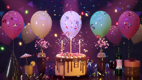 Birthday cake with lit candles surrounded by balloons, confetti and drinks.
