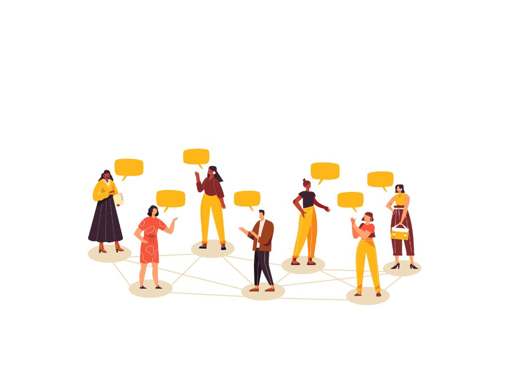 Illustrated people connected by lines, each with a speech bubble