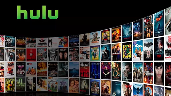 Hulu branding above a wall of film and television posters.