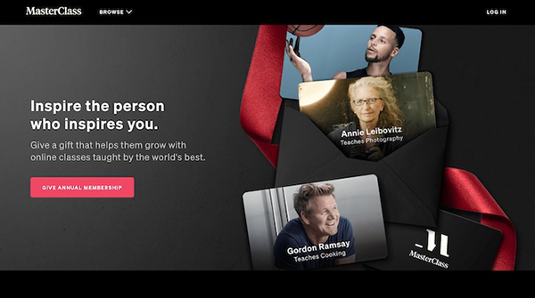 MasterClass gift membership page: “Inspire the person who inspires you,” with an annual membership offer and instructor cards.