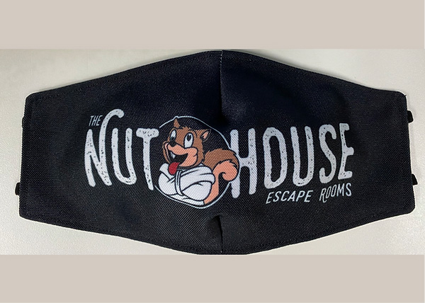Black face mask printed with The Nut House Escape Rooms name and a cartoon squirrel in a straitjacket.
