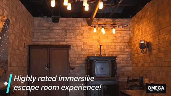 Omega Escape Room promotion showing a brick-walled room with a locked cabinet and antique safe: 'Highly rated immersive escape room experience!'