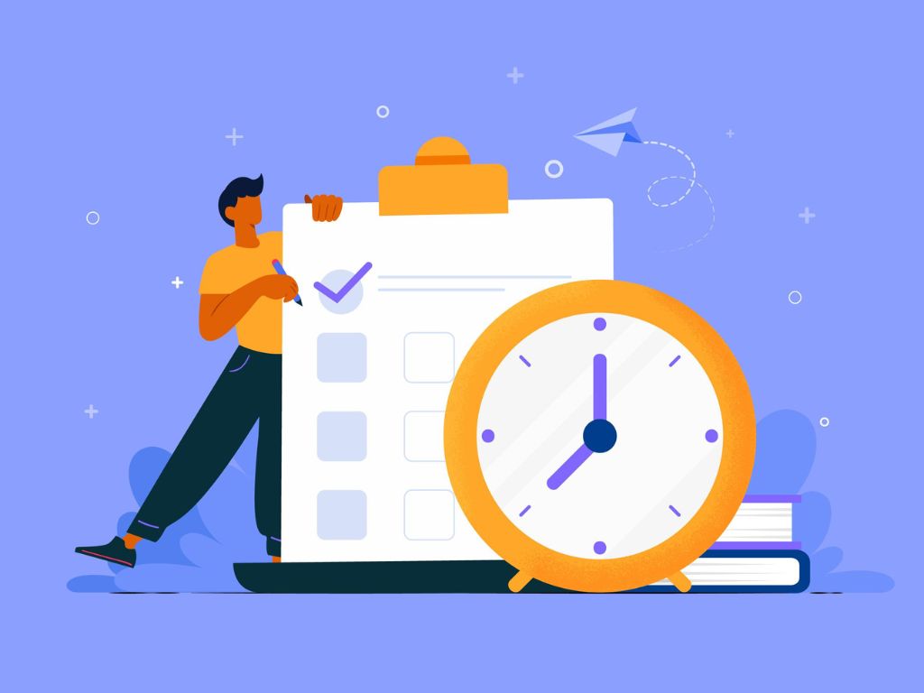 Illustration of a person beside a large checklist and clock