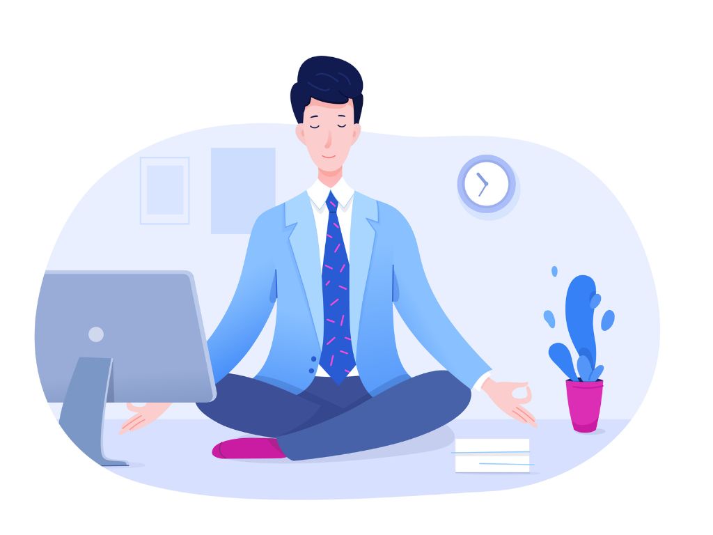 Illustration of a person meditating cross-legged on an office desk