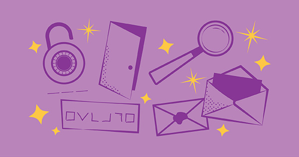 Illustration of an open combination padlock, an ajar door, a magnifying glass, and envelopes.
