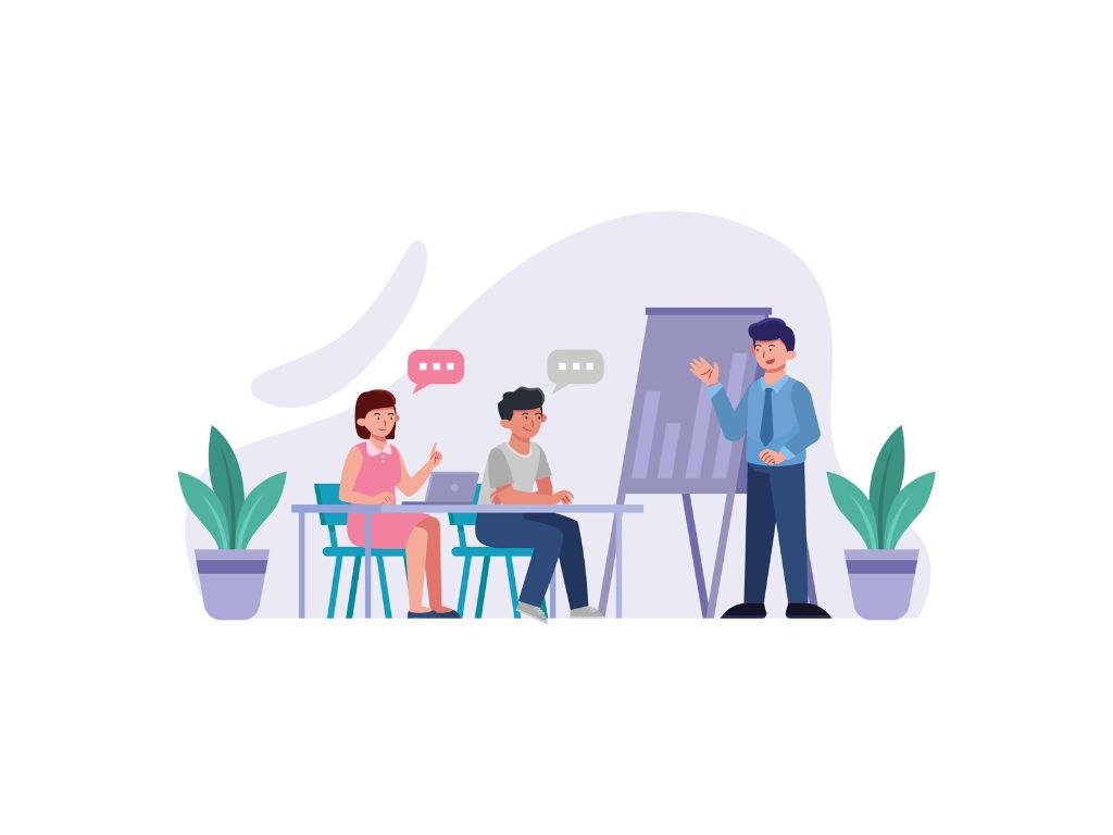 Illustration of a presenter discussing a chart with two people seated at a table