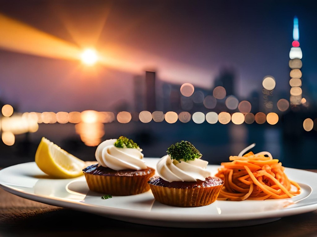 Plated bites with swirled white toppings, shredded carrots and a lemon wedge against blurred city lights.