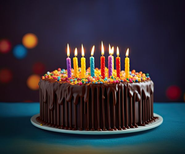 A chocolate birthday cake with glossy icing, colorful sprinkles, and lit candles.