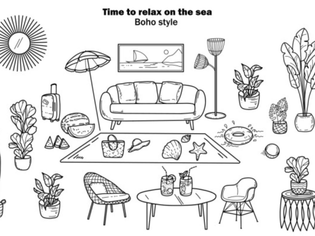 “Time to relax on the sea”: a boho-style illustration of seating, plants, drinks, and beach accessories.