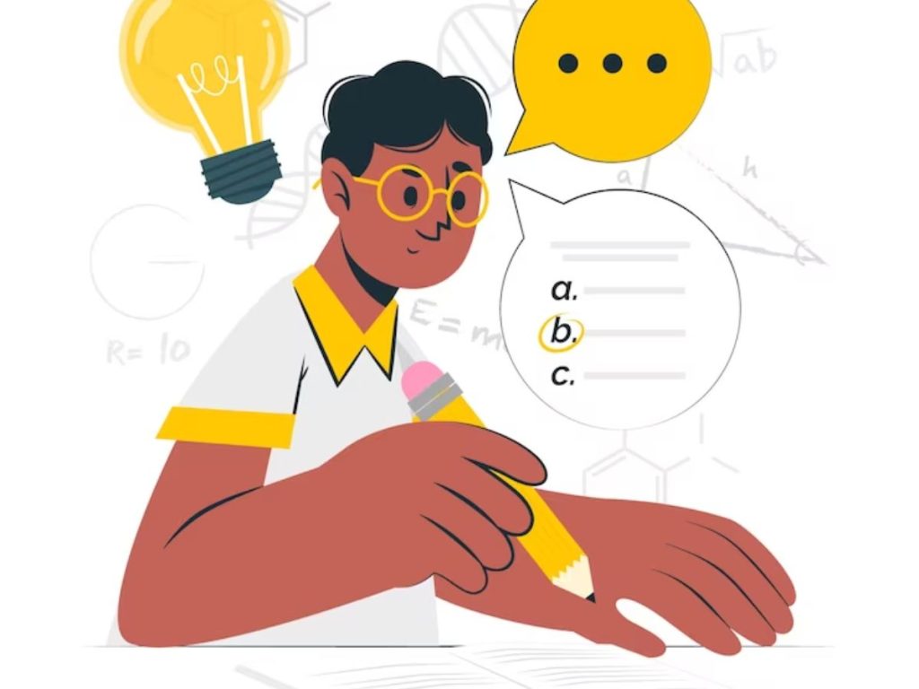 Illustrated person writing with an oversized pencil, surrounded by a lightbulb and speech bubbles