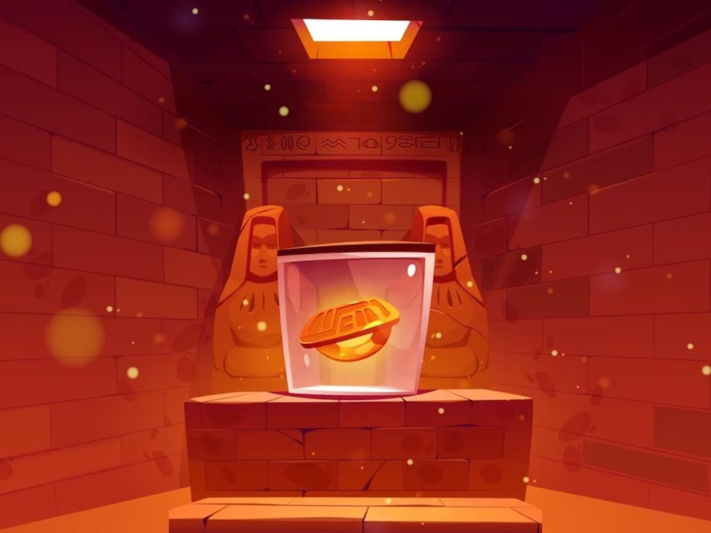 Illustrated ancient Egyptian-style chamber with a glowing gold ring in a display case between statues.