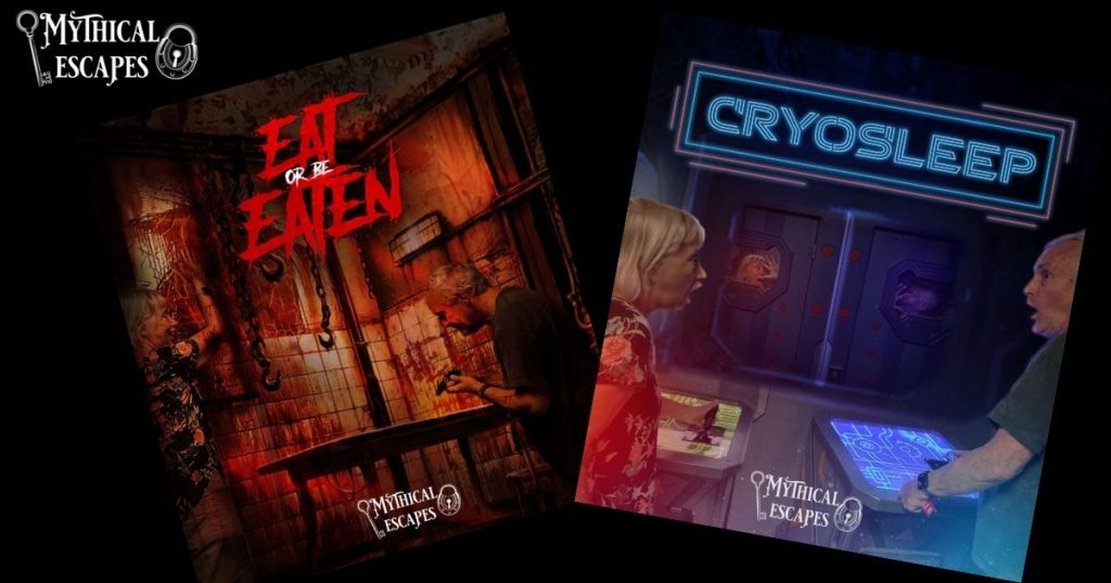 Posters for Eat or Be Eaten and Cryosleep, showing horror and science-fiction room settings.