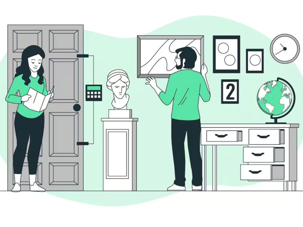 Illustration of two people examining clues in a room with a keypad door, framed artwork, a clock and a globe.