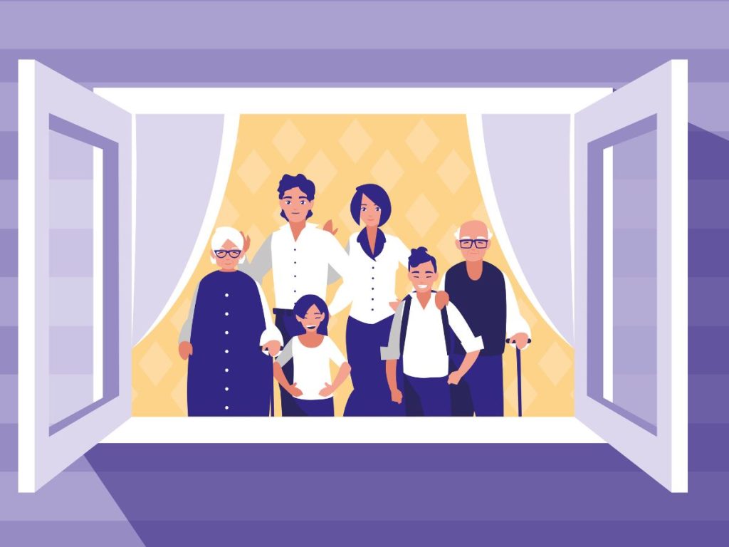 Illustration of adults and children gathered at an open window with purple shutters