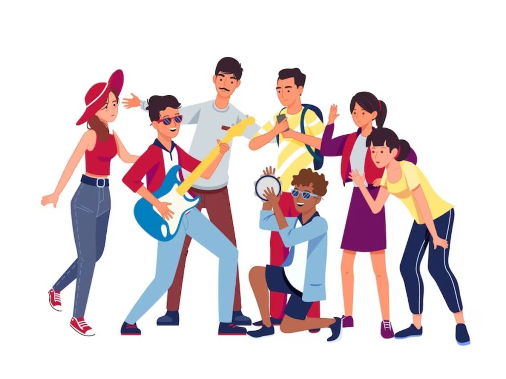 Illustration of a group enjoying music, with one person playing guitar and another holding a tambourine.
