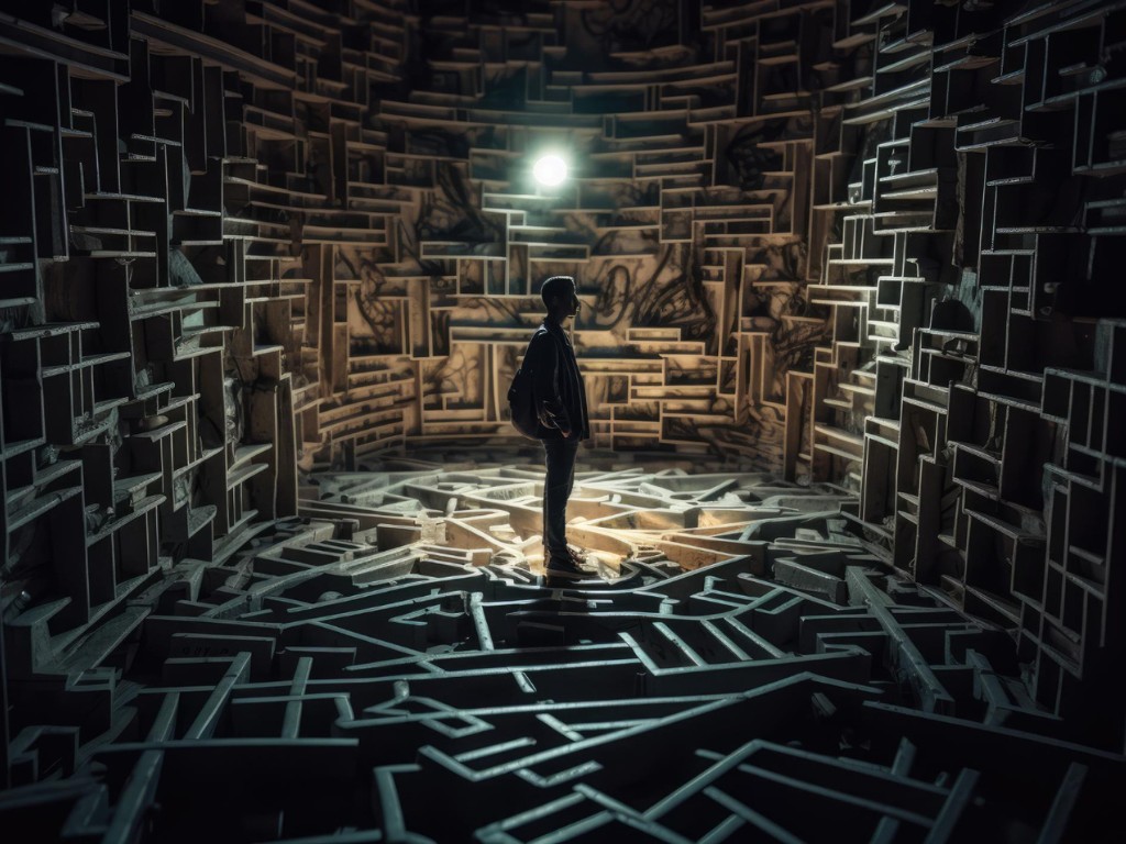 A lone figure stands among maze-like wooden frameworks in a dim room beneath a bright overhead light.