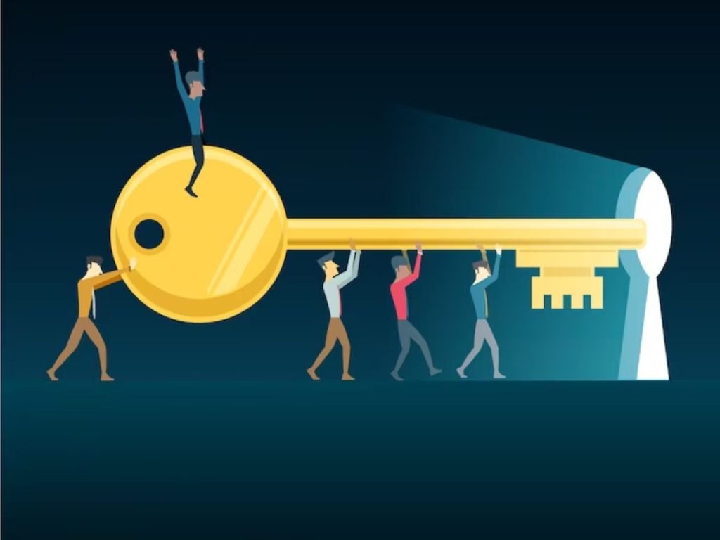 Illustrated team carrying a giant golden key toward a glowing keyhole