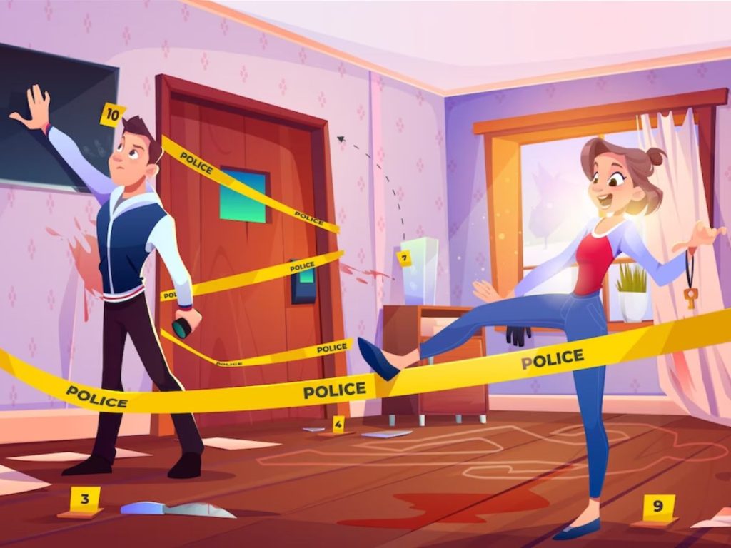 Illustration of two people investigating a staged crime scene with police tape, evidence markers and a body outline