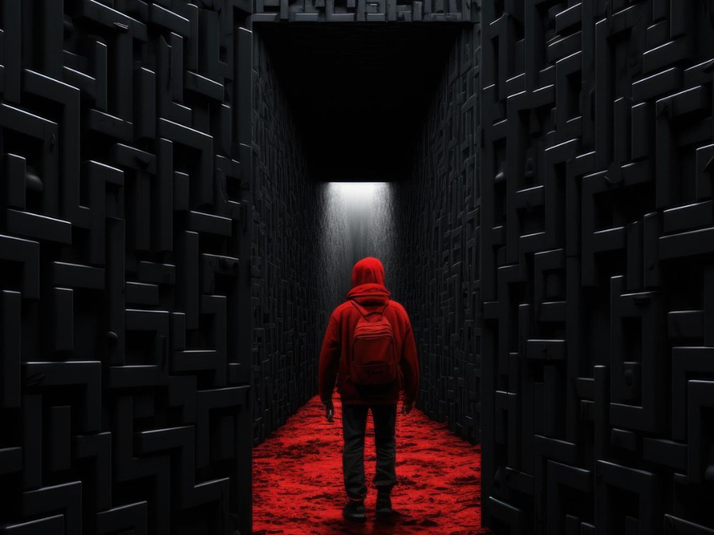 A person in a red hoodie and backpack faces a dark corridor lined with geometric wall patterns.