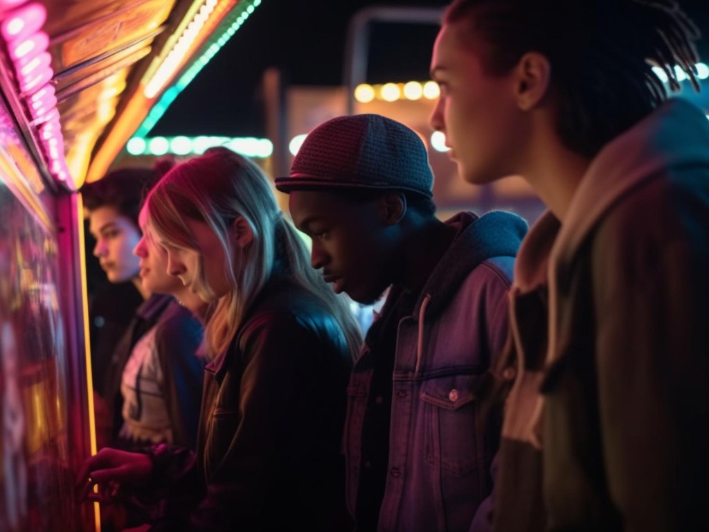 Four people playing at brightly lit arcade machines.