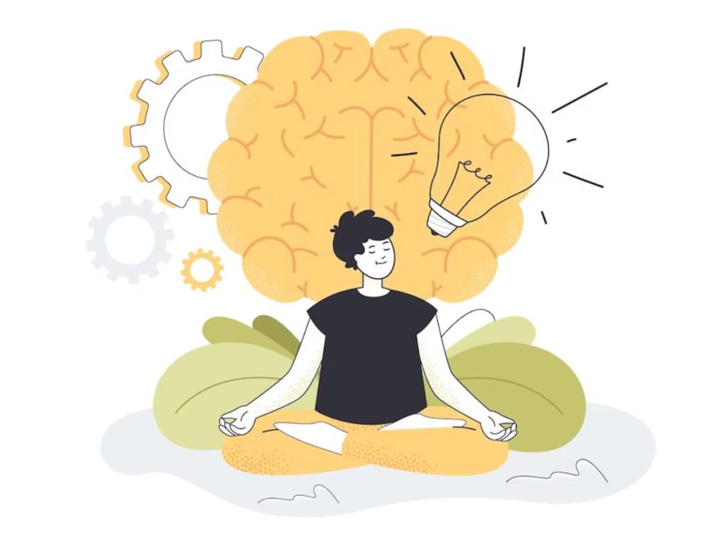 Illustrated person meditating beneath a large brain, lightbulb and gears