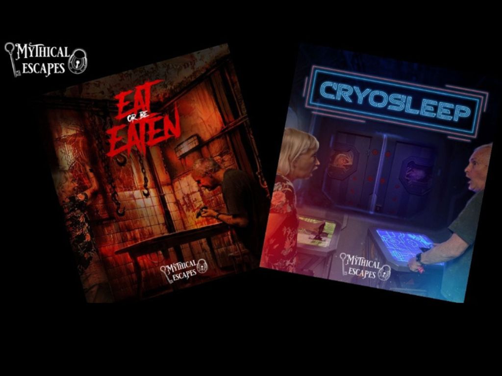 Posters for Eat or Be Eaten and Cryosleep, showing horror and science-fiction room settings.