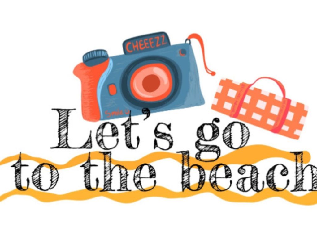 “Let’s go to the beach” design with a camera and rolled beach mat.