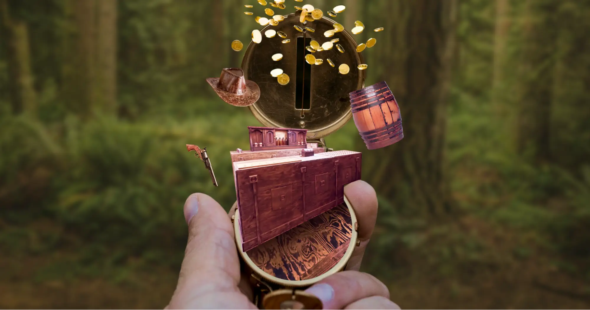 Miniature Western saloon diorama held in an open hand against a blurred forest background, with gold coins bursting from above