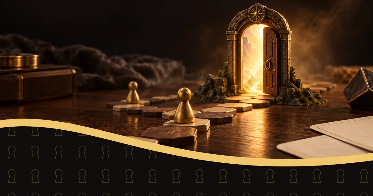Gold game pieces on a board-game path leading to an open, glowing fantasy doorway.