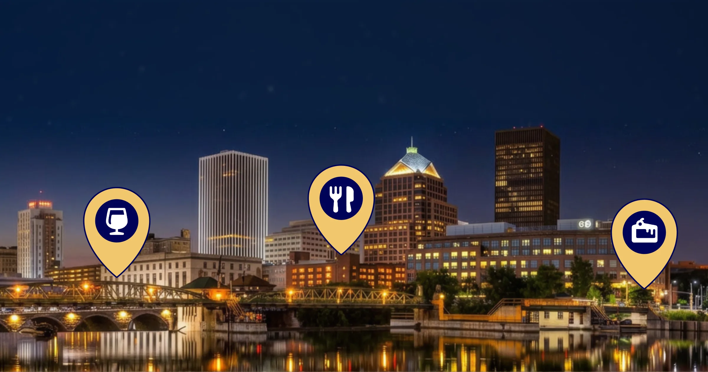 Rochester skyline at night over the river, with map pins for drinks, dining, and dessert