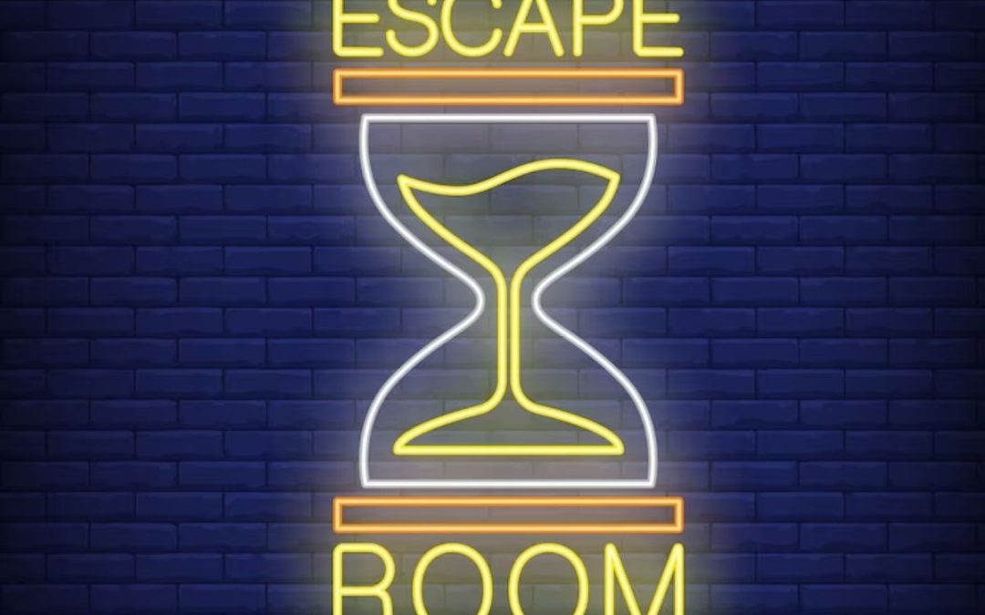 Neon sign reading 'ESCAPE ROOM' with illuminated hourglass on brick wall