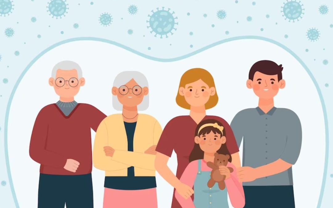 Illustration of multigenerational family protected from virus particles