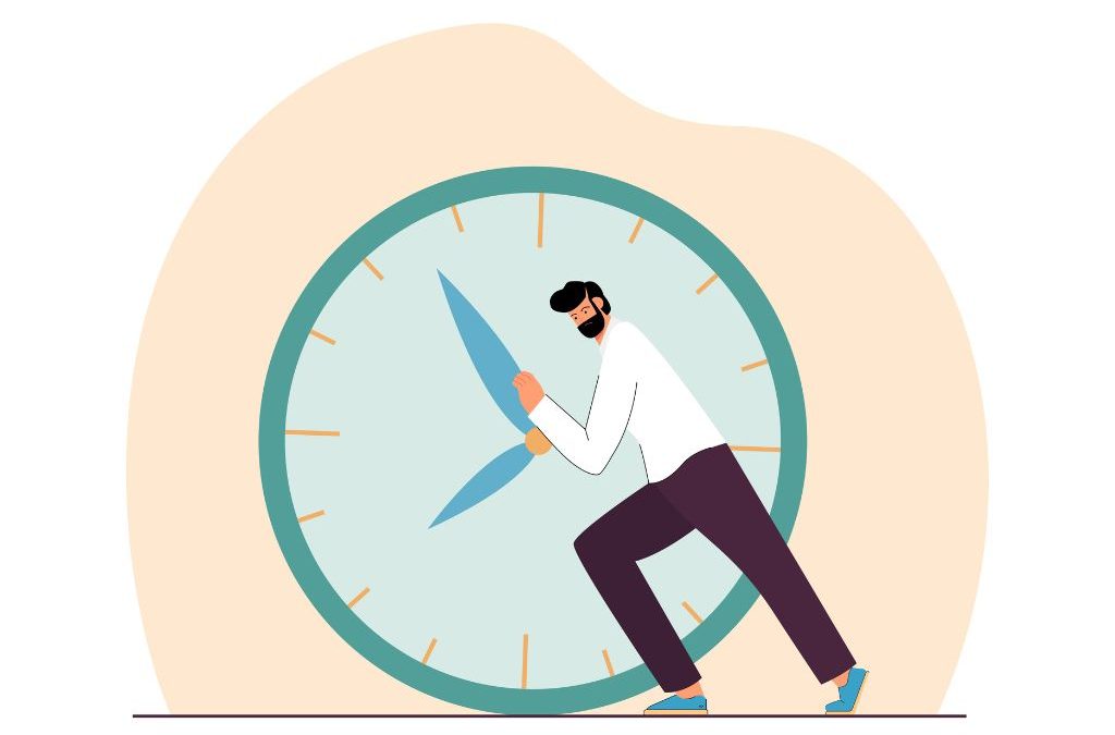 Man pushing large clock hands forward, symbolizing racing against time