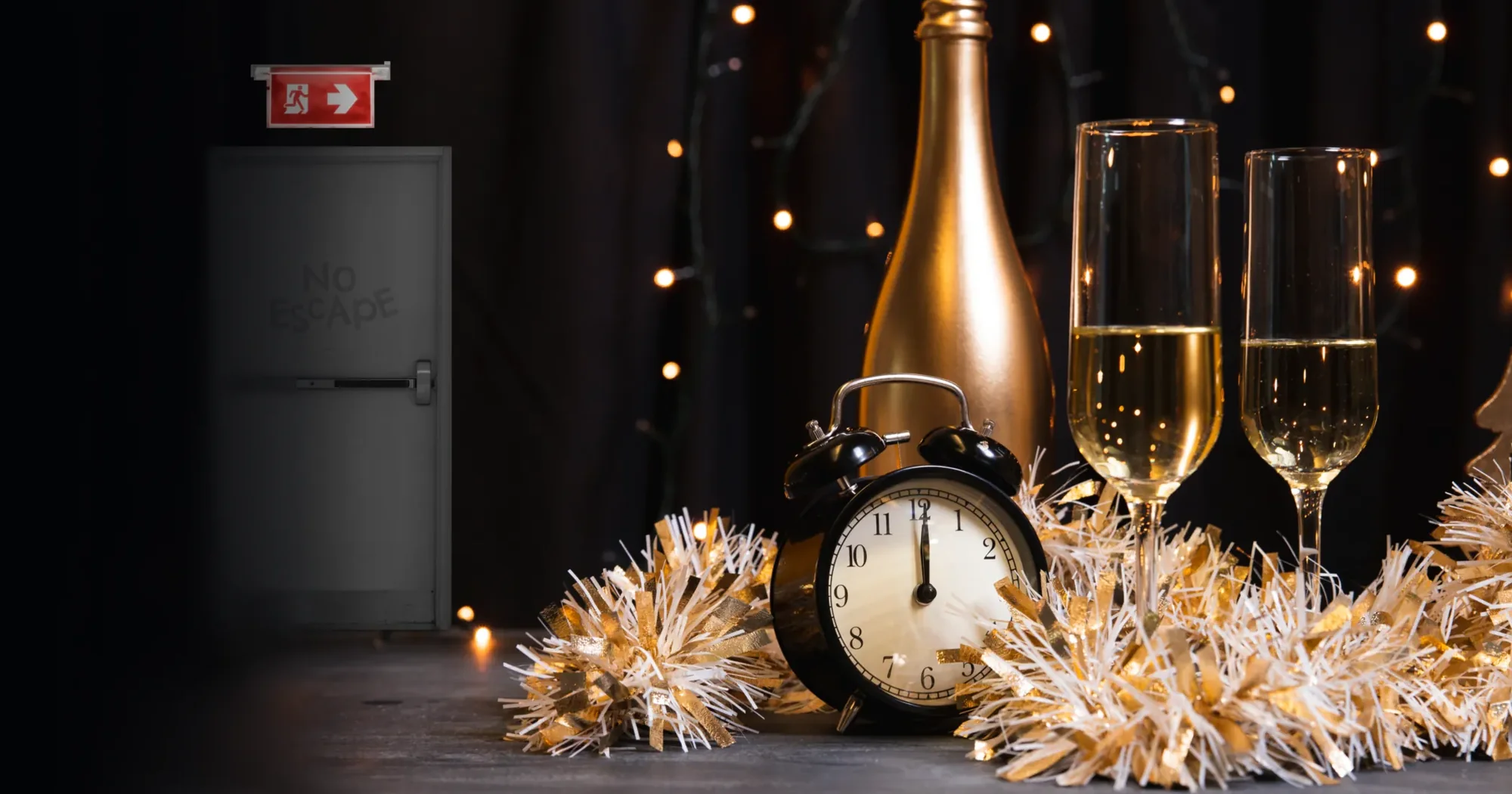 Gold champagne bottle, glasses, alarm clock showing midnight, and festive decorations