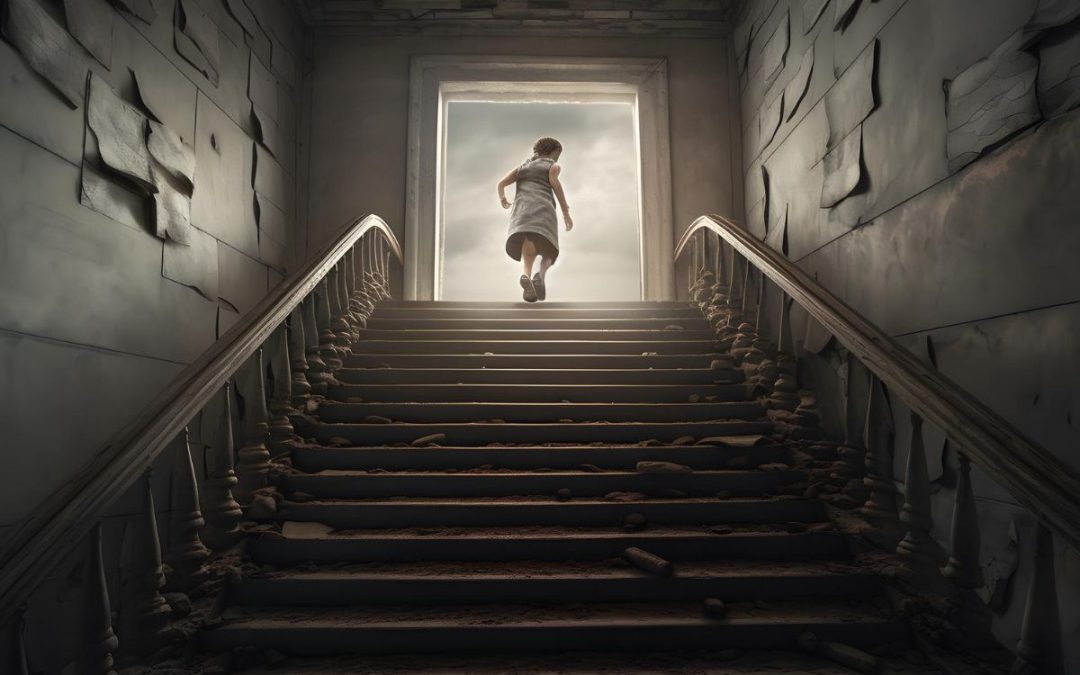 Person running up dimly lit stairs toward bright doorway in atmospheric setting
