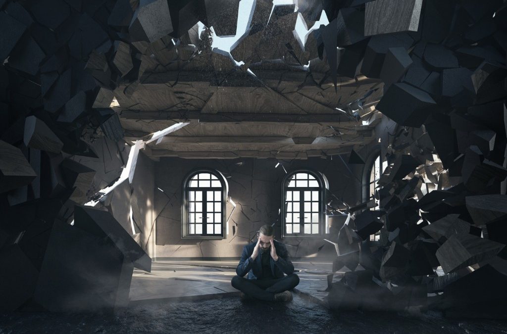 Person sitting cross-legged in damaged room with exploding walls and arched windows